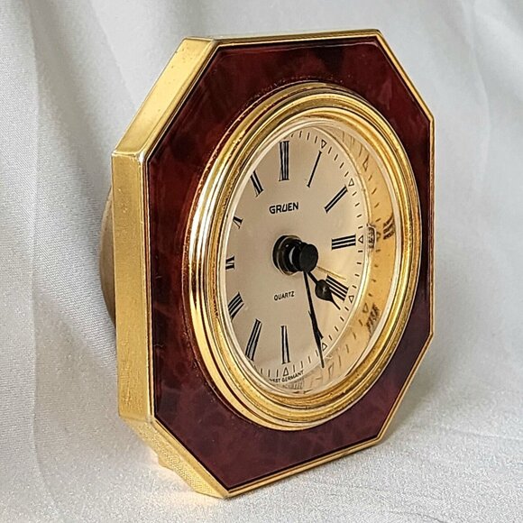 Gruen Quartz Octagon Alarm Clock 1980 3x3 Tortoise Shell West Germany Vintage - Picture 3 of 8